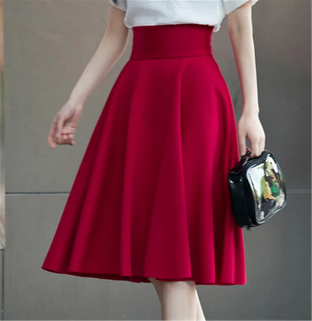 2021 S-5XL Plus Size Skirt High Waisted Skirts Womens White Knee Length Bottoms Pleated Skirt Saia Midi Pink Black Red Blue