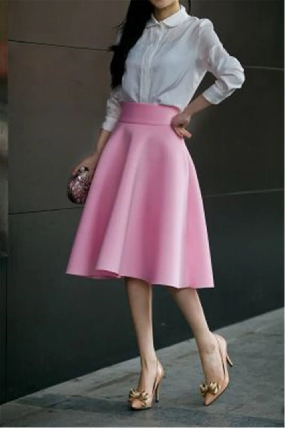 2021 S-5XL Plus Size Skirt High Waisted Skirts Womens White Knee Length Bottoms Pleated Skirt Saia Midi Pink Black Red Blue