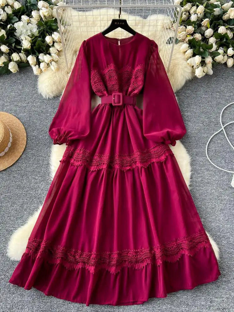 Vintage French Fashion Women Solid Round Neck Lace Patchwork Long Dress Autumn Lantern Sleeves Evening Party Ruffles Dress Trend
