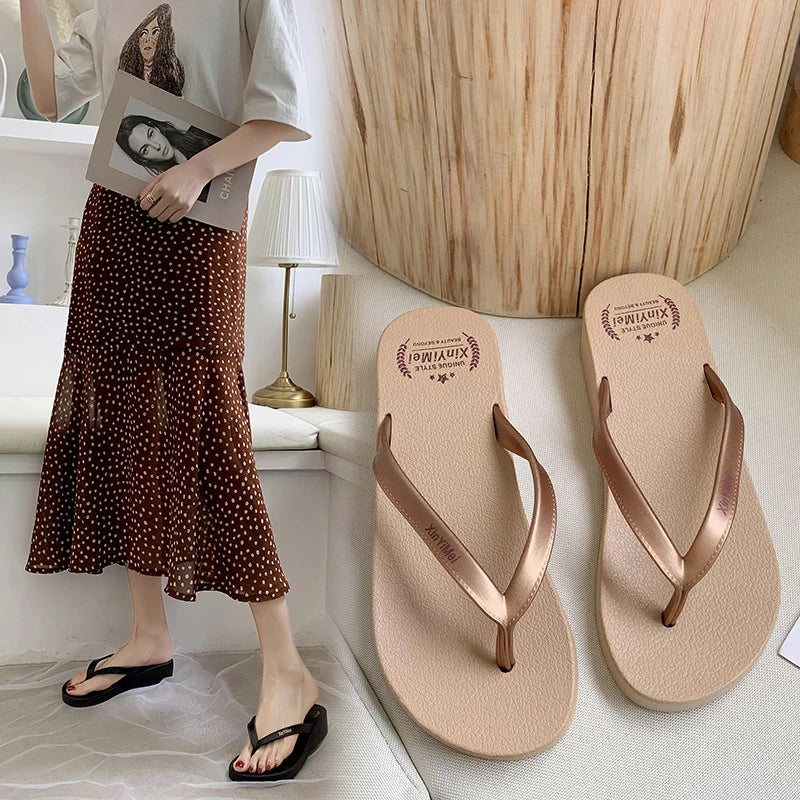 Women Flip Flops Wedges Casual Shinny Beach 3.5 Cm Height PVC Solid Summer Outside Slippers Soft Shoes
