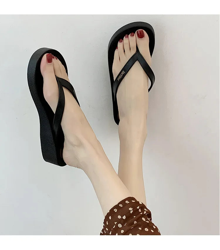 Women Flip Flops Wedges Casual Shinny Beach 3.5 Cm Height PVC Solid Summer Outside Slippers Soft Shoes