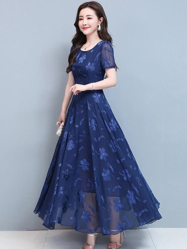 Vintage Blue Clothes For Women Maxi Dress Chiffon Floral Party Elegant Boho Summer Korean Fashion Long Chic Evening Dresses