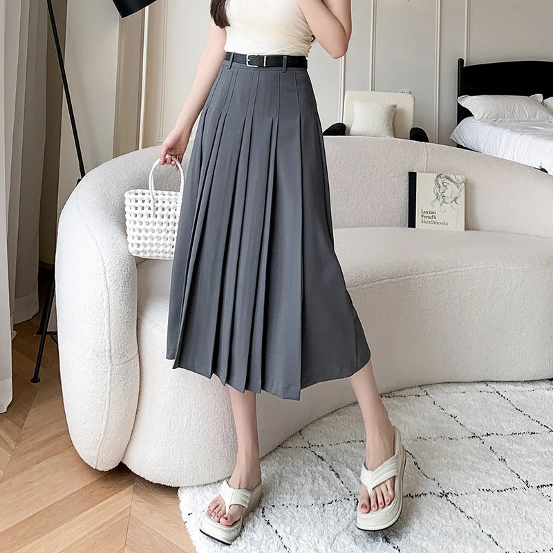 Seoulish Vintage Women's Pleated Long Skirts Autumn 2024 New Elegant Solid Color High Waist Casual Office Lady Skirts Female