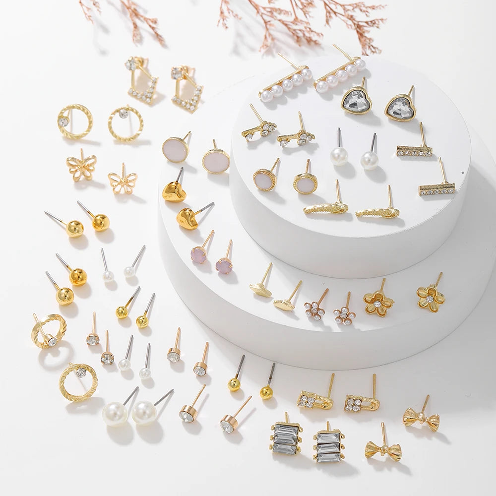 Geometric 30 Pairs/Lot Korean Fashion Sweet Heart-shaped Imitation-pearl Stud Earring For Women Daily Student Friends Jewelry
