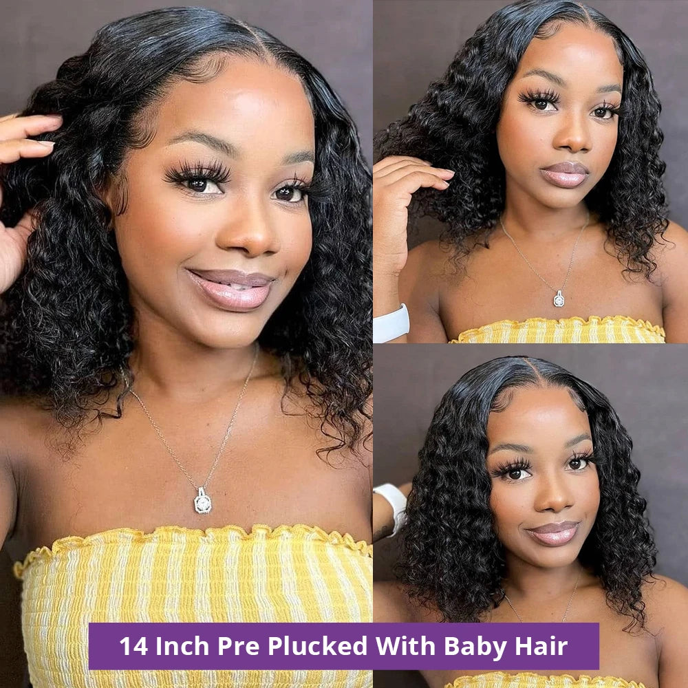 Bob Lace Wig Black Curly For Women Deep Water Curly Wave Human Hair Wigs 100% Brazilian Remy Natural Hair