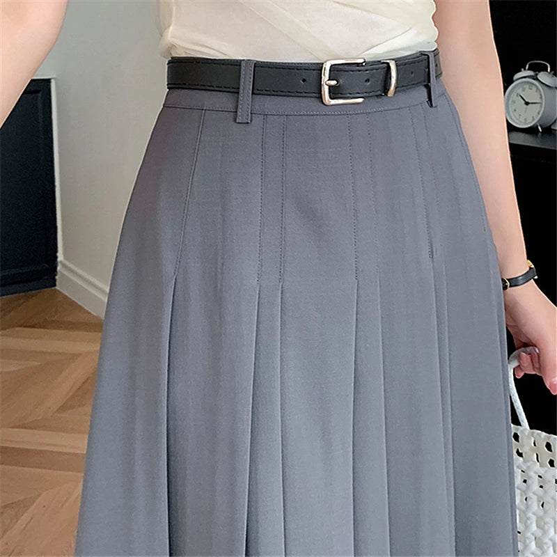 Seoulish Vintage Women's Pleated Long Skirts Autumn 2024 New Elegant Solid Color High Waist Casual Office Lady Skirts Female