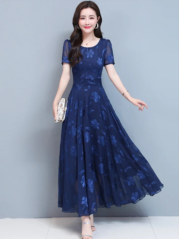 Vintage Blue Clothes For Women Maxi Dress Chiffon Floral Party Elegant Boho Summer Korean Fashion Long Chic Evening Dresses