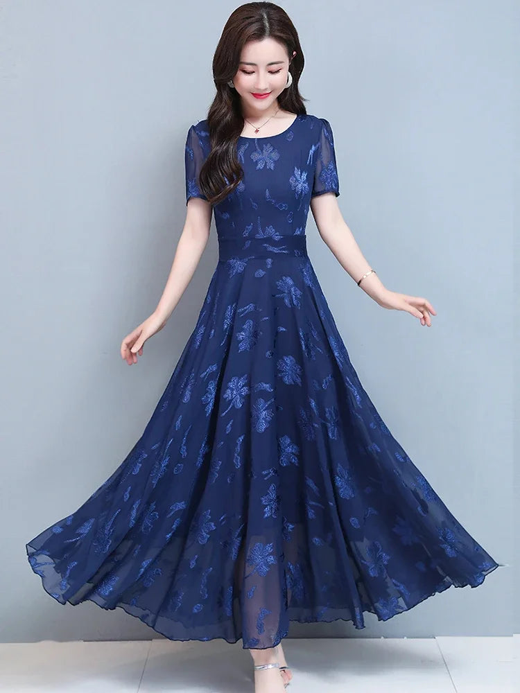 Vintage Blue Clothes For Women Maxi Dress Chiffon Floral Party Elegant Boho Summer Korean Fashion Long Chic Evening Dresses