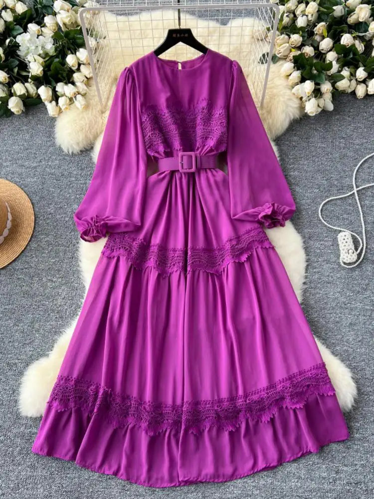 Vintage French Fashion Women Solid Round Neck Lace Patchwork Long Dress Autumn Lantern Sleeves Evening Party Ruffles Dress Trend