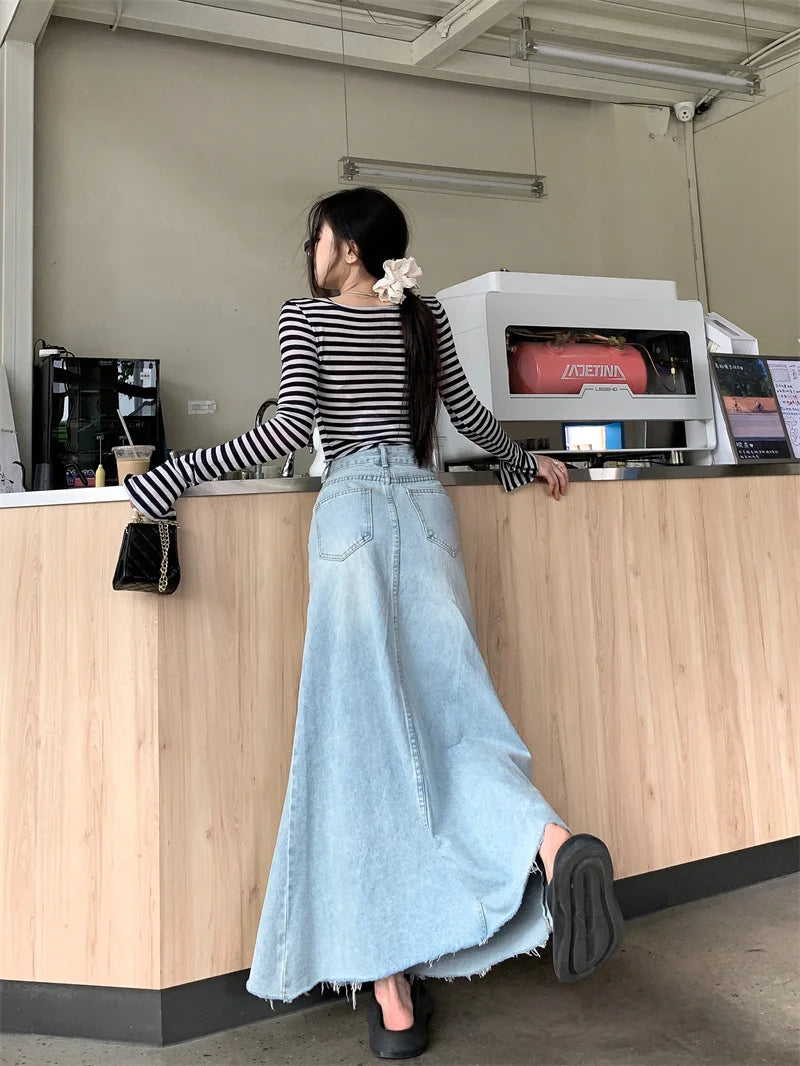 Autumn High Waist A-Line Denim Skirt for Women.