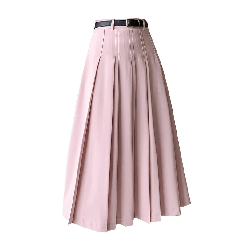 Seoulish Vintage Women's Pleated Long Skirts Autumn 2024 New Elegant Solid Color High Waist Casual Office Lady Skirts Female