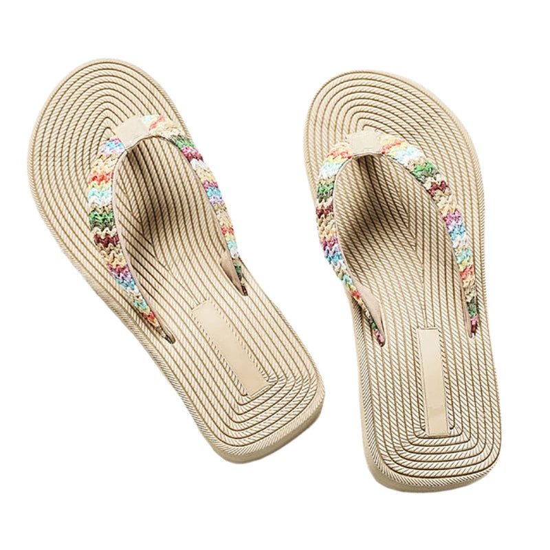 Imitation Straw Flip-flops For Women's Summer Fashion Outerwear Wedge Beach Flip-flops With Sticky Handmade Floral Slippers