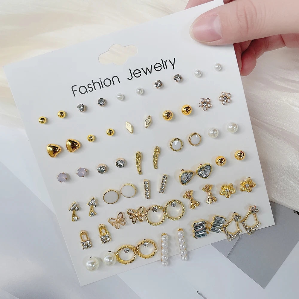 Geometric 30 Pairs/Lot Korean Fashion Sweet Heart-shaped Imitation-pearl Stud Earring For Women Daily Student Friends Jewelry