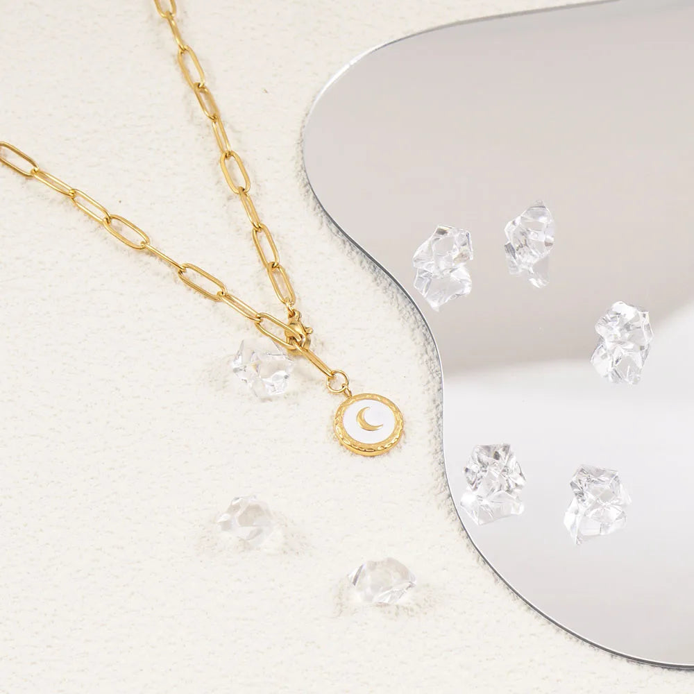 Stainless Steel Moon Necklace For Women Gold Color Metal Crescent Coin Medal Choker Collar Collier Femme
