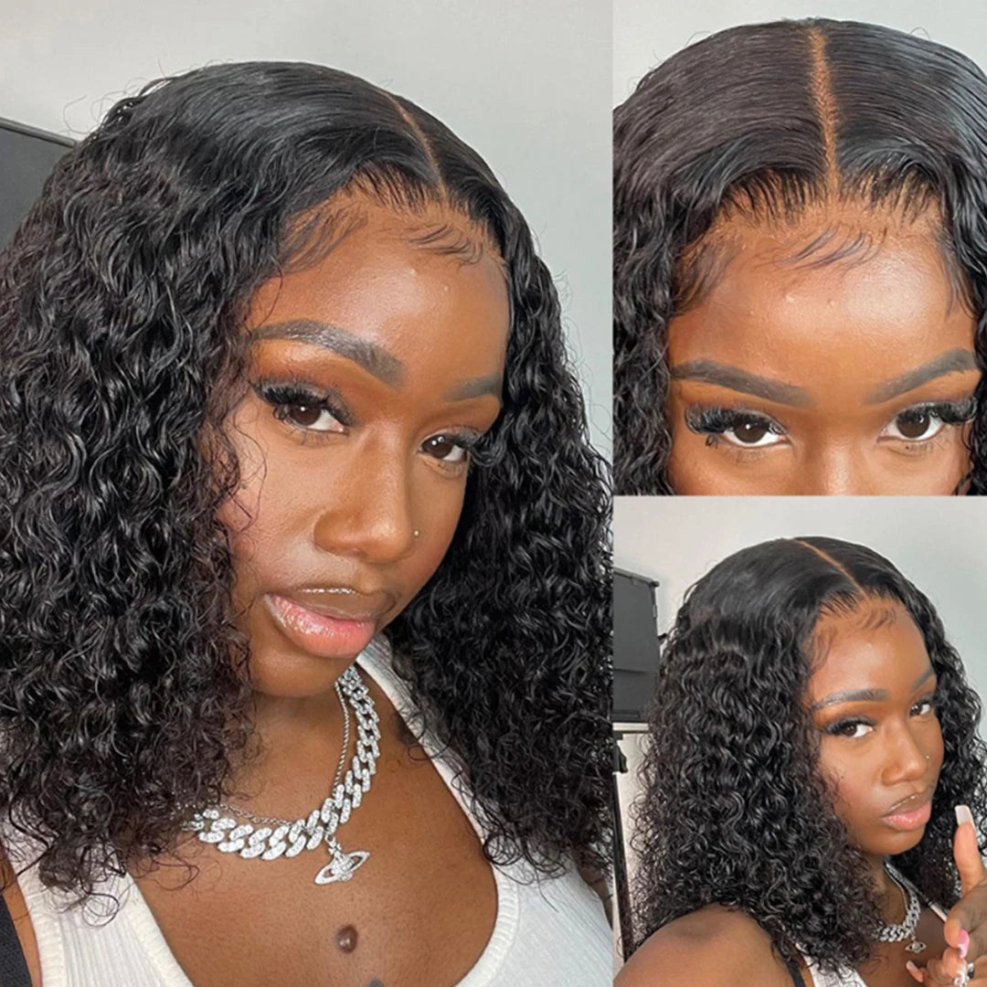Bob Lace Wig Black Curly For Women Deep Water Curly Wave Human Hair Wigs 100% Brazilian Remy Natural Hair