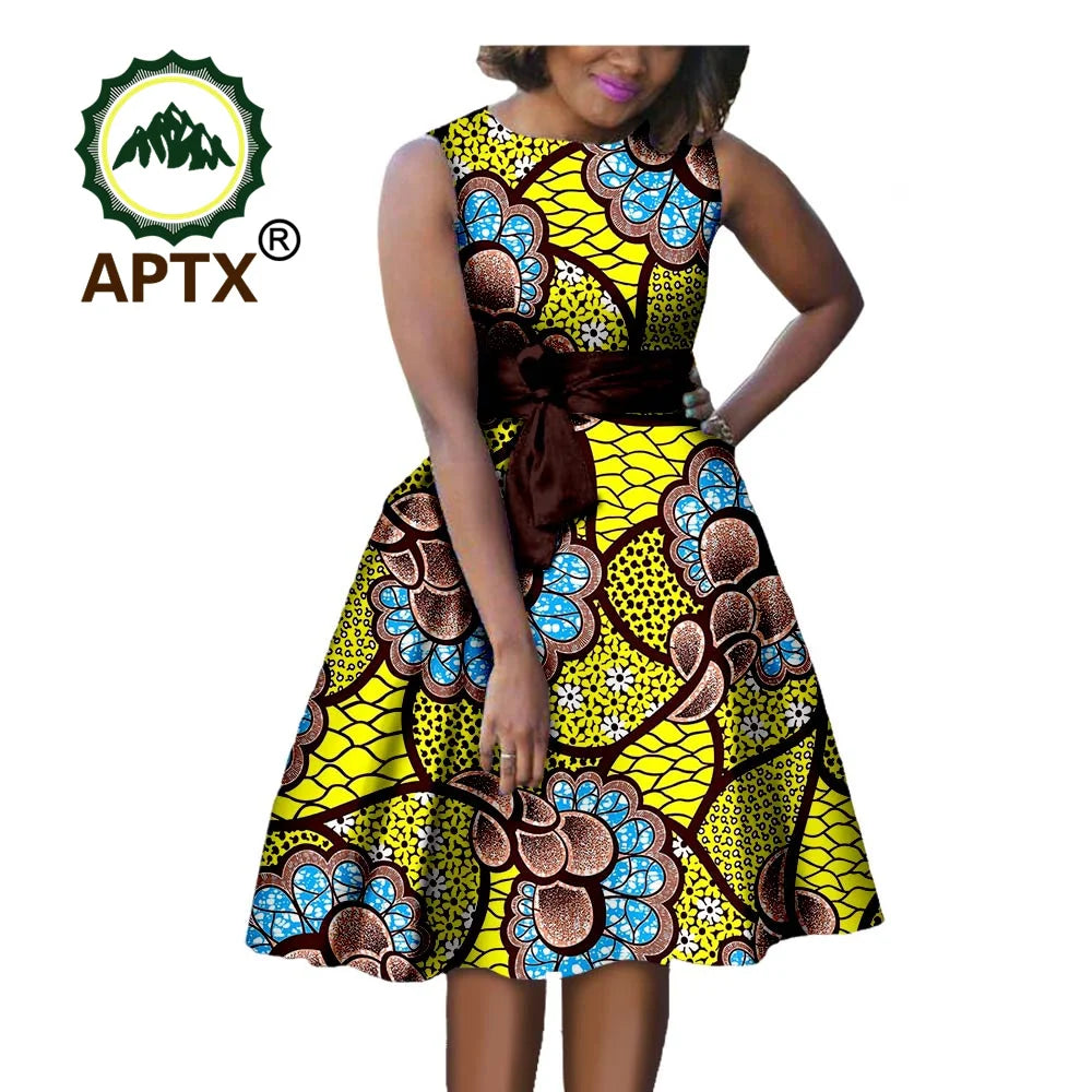 African Dresses for Women Summer Ankara Print Sleeveless A-line Dress with Belt Dashiki Casual Party Wedding 1A722584