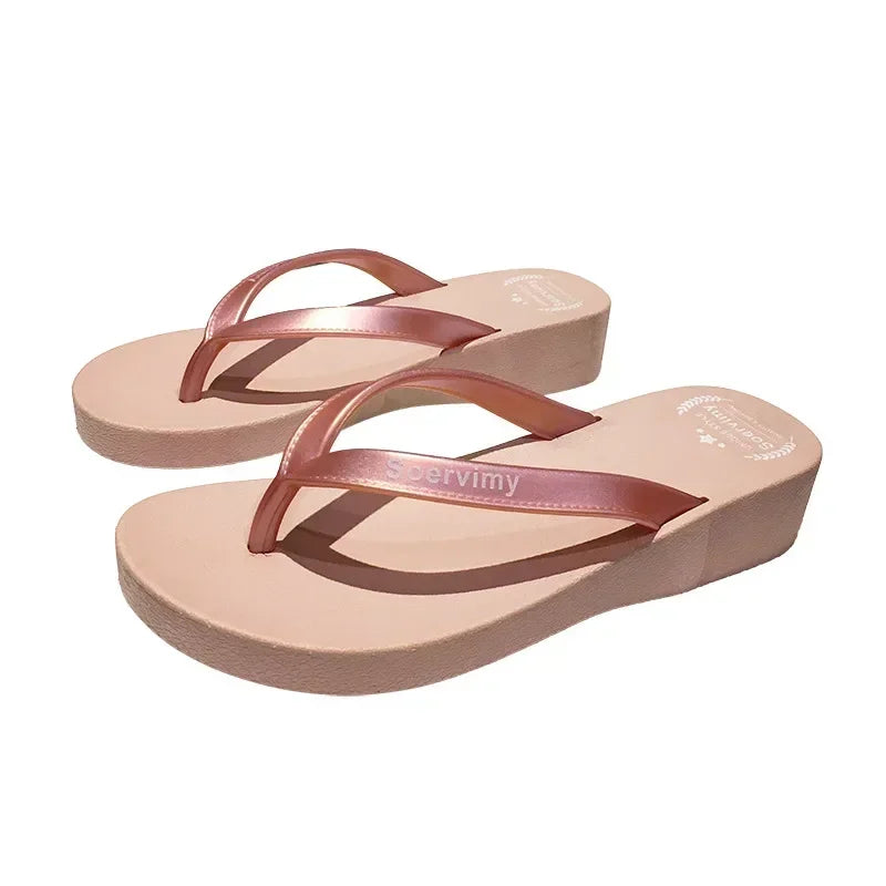 Women Flip Flops Wedges Casual Shinny Beach 3.5 Cm Height PVC Solid Summer Outside Slippers Soft Shoes