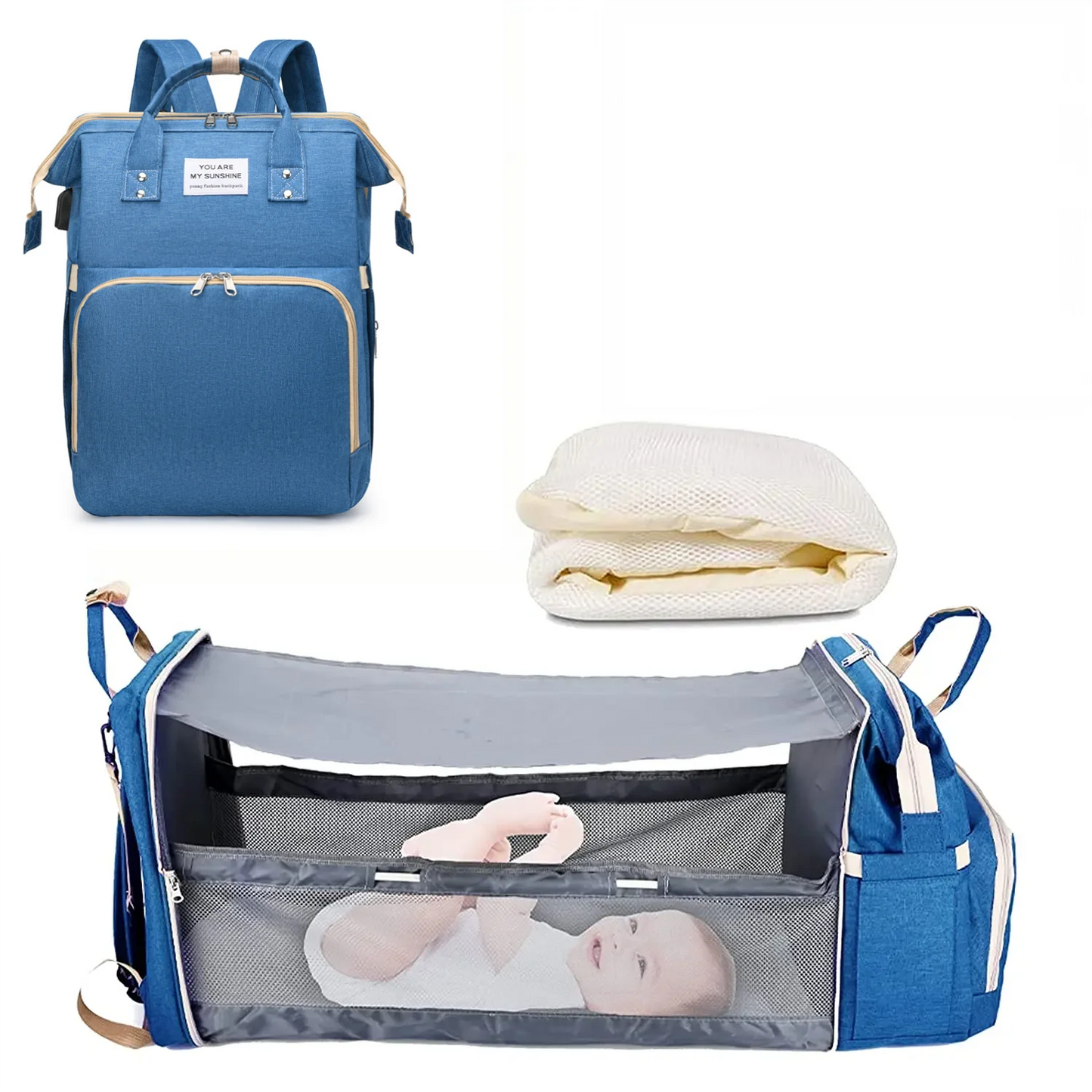 3 In 1 Diaper Bag Backpack Foldable Baby Bed.