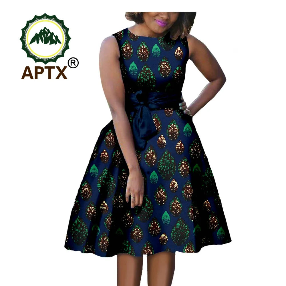 African Dresses for Women Summer Ankara Print Sleeveless A-line Dress with Belt Dashiki Casual Party Wedding 1A722584