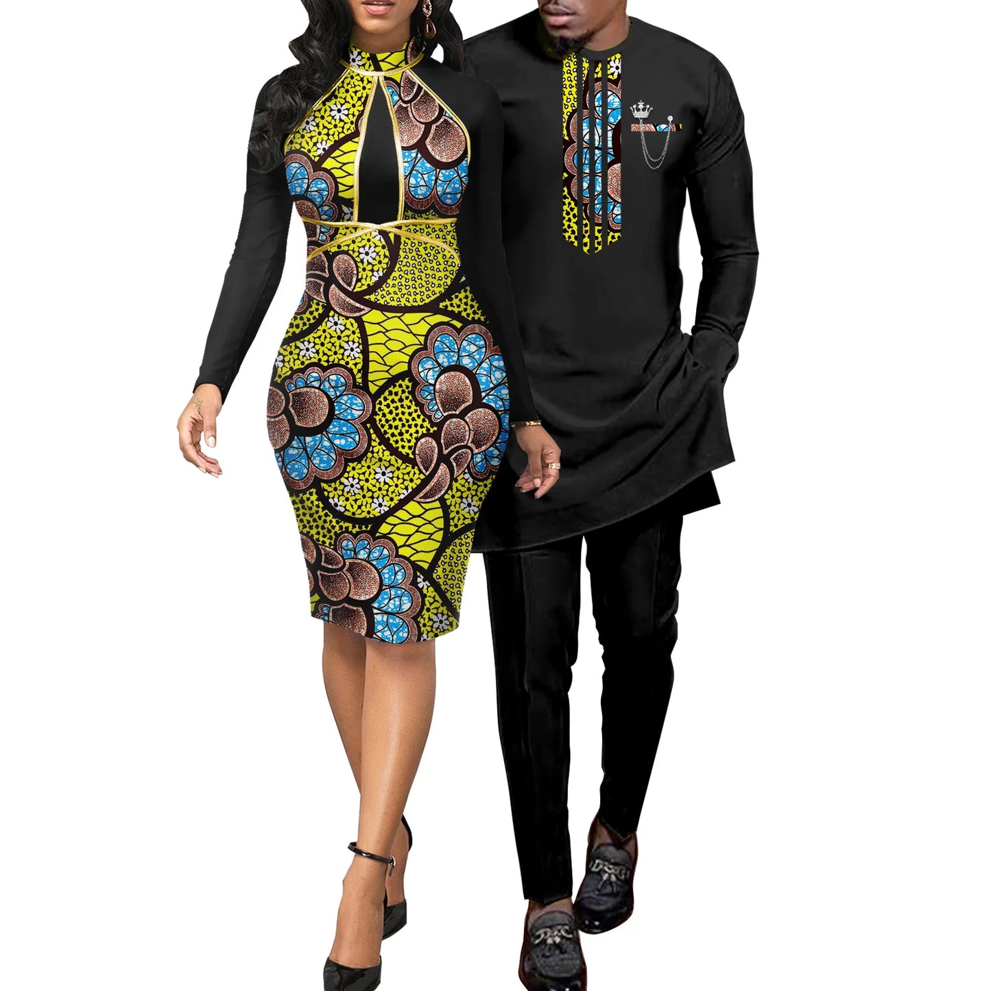African Abaya Hip Dresses for Women Matching Couple Outfits Bazin Riche Men Top and Pant Sets Dashiki Print Outwear Y23C069