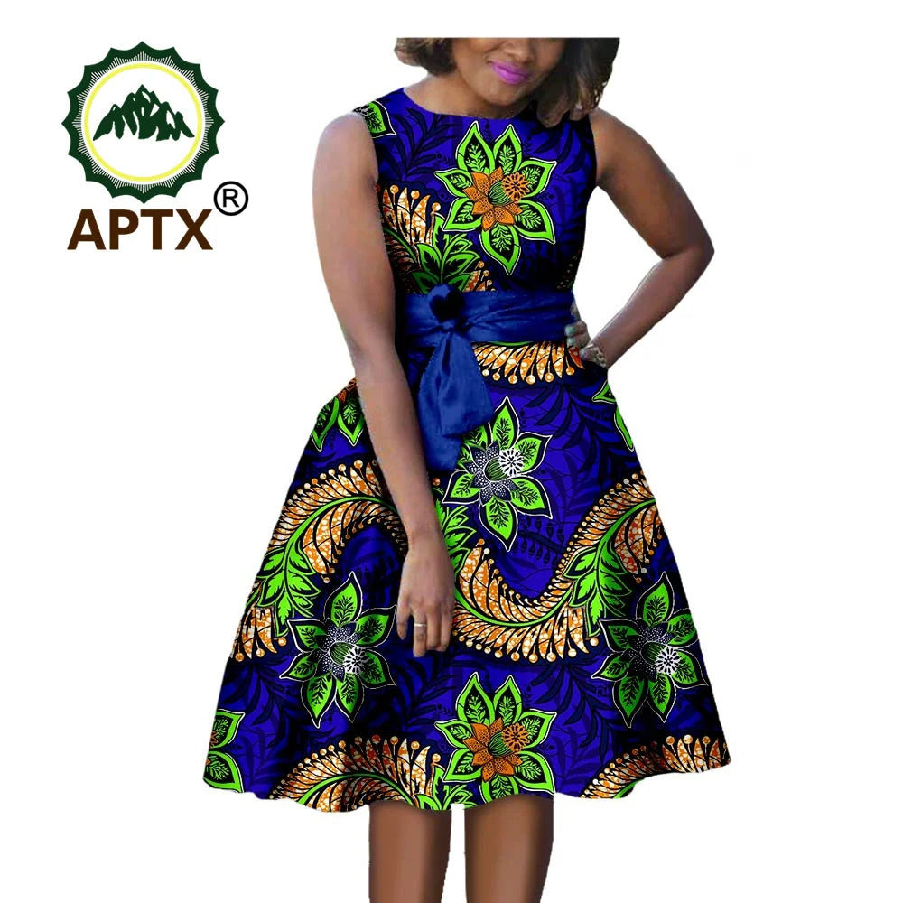 African Dresses for Women Summer Ankara Print Sleeveless A-line Dress with Belt Dashiki Casual Party Wedding 1A722584