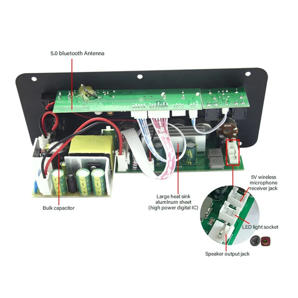 600W Bluetooth 5.0 MP3 Amplifier Board 12V 24V Dual Microphone AMP Module USB TF FM Car Music Lossless Bass Sound for Subwoofer