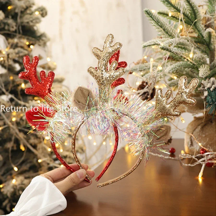 Christmas Headband Xmas Elk Horn Bell Sequin Christmas Hair Band Happy New Year Photo Props Merry Christmas Decor Gifts for Kids