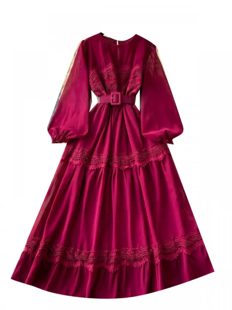 Vintage French Fashion Women Solid Round Neck Lace Patchwork Long Dress Autumn Lantern Sleeves Evening Party Ruffles Dress Trend