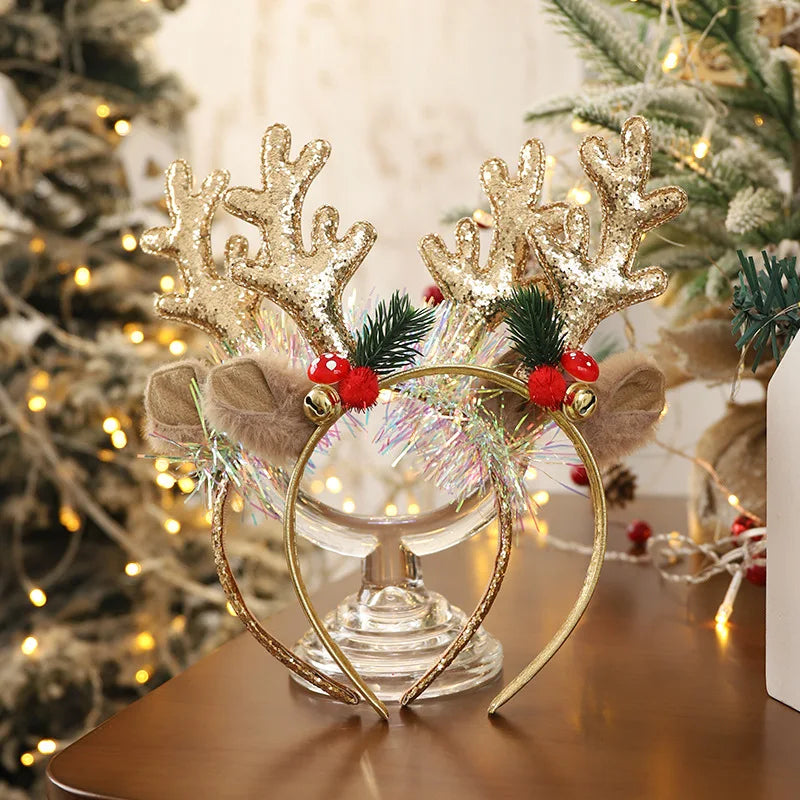 Christmas Headband Xmas Elk Horn Bell Sequin Christmas Hair Band Happy New Year Photo Props Merry Christmas Decor Gifts for Kids