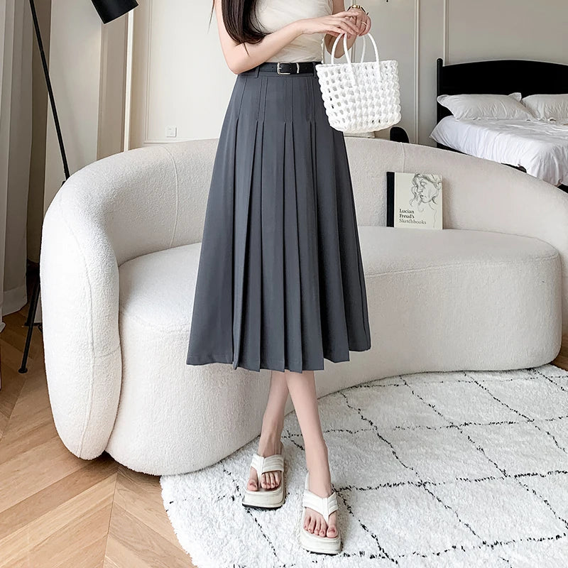Seoulish Vintage Women's Pleated Long Skirts Autumn 2024 New Elegant Solid Color High Waist Casual Office Lady Skirts Female