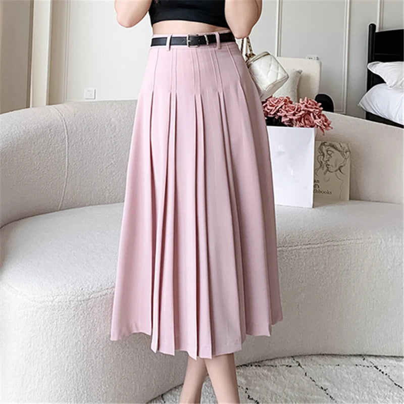Seoulish Vintage Women's Pleated Long Skirts Autumn 2024 New Elegant Solid Color High Waist Casual Office Lady Skirts Female