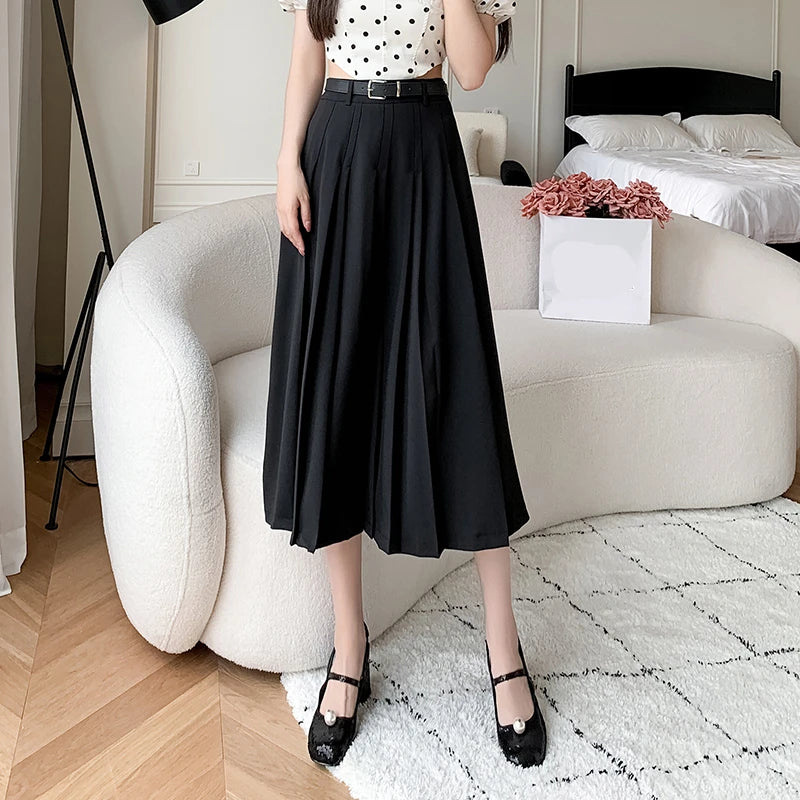 Seoulish Vintage Women's Pleated Long Skirts Autumn 2024 New Elegant Solid Color High Waist Casual Office Lady Skirts Female