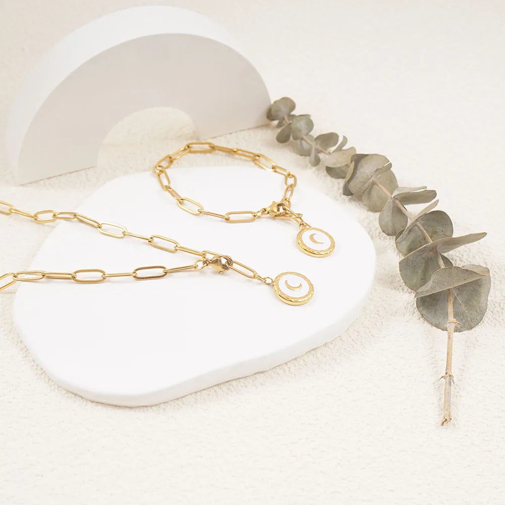 Stainless Steel Moon Necklace For Women Gold Color Metal Crescent Coin Medal Choker Collar Collier Femme