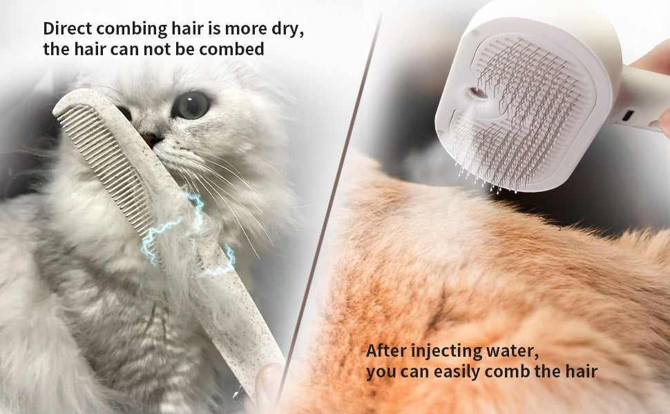 Steam brush for cats with self-cleaning function and steam jet that removes loose hair.