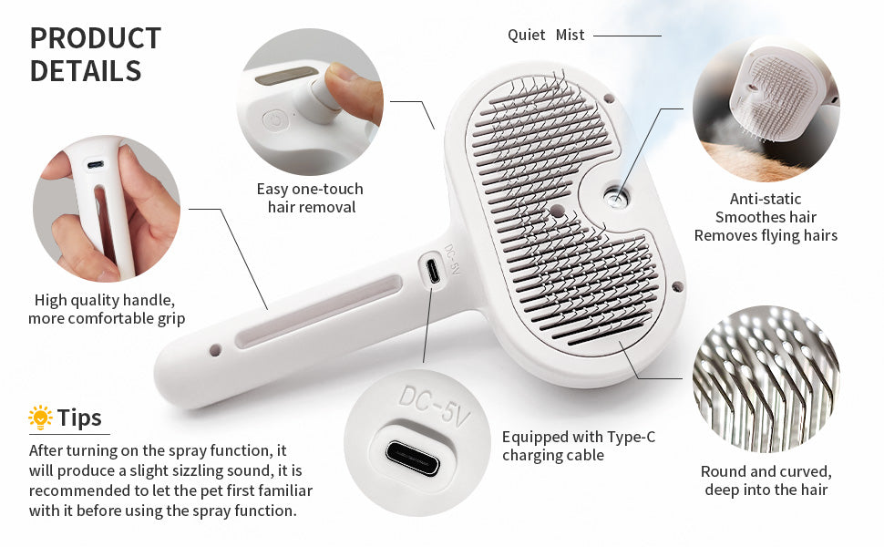 Steam brush for cats with self-cleaning function and steam jet that removes loose hair.