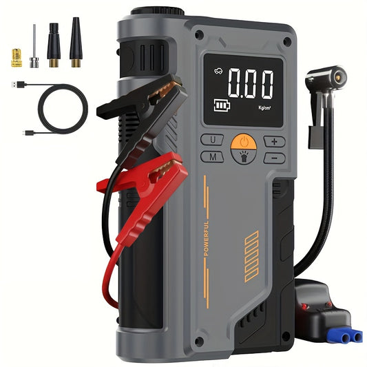 Multi-Function Portable Wireless Car Jump Starter with Tire Inflator, Air Compressor - PVC Semi-Automatic Emergency Power Bank with USB Charging, LED Display & Flashlight, Suitable for ≤36V Operation - Mixed Color
