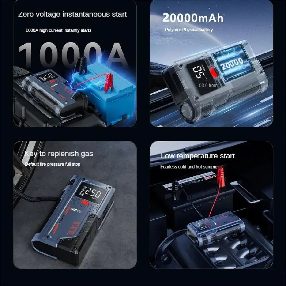 4 In 1 Car Jump start With 150PSI Air Compressor 20000mAh Portable Booster Charger 1000A fuel Car Battery Starting camera