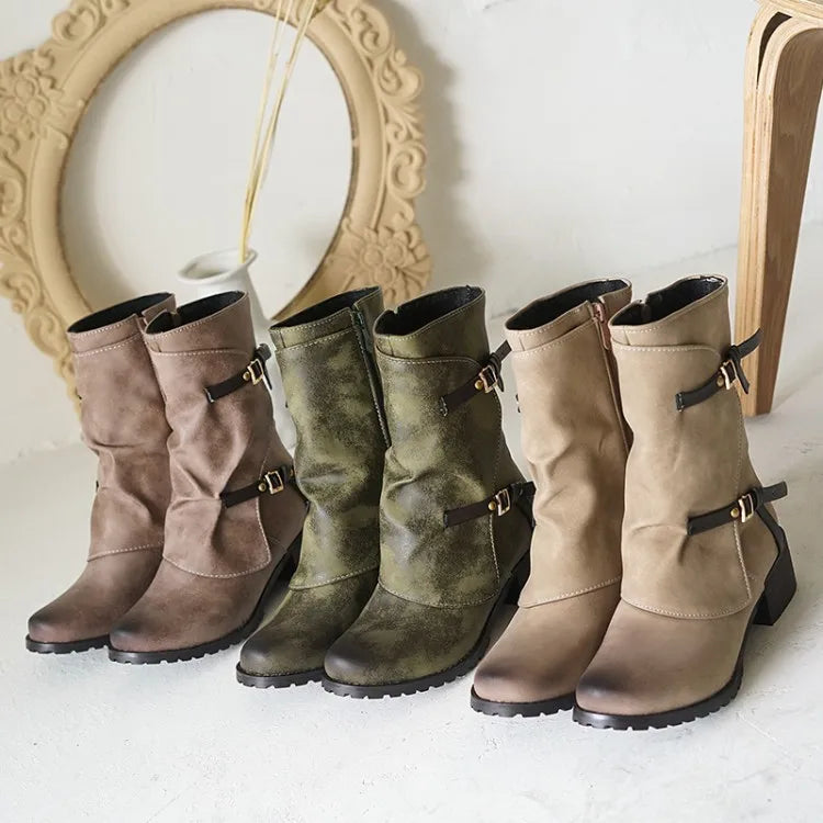 ZawsThia Winter women's military-style boot with buckle and low chunky heel.