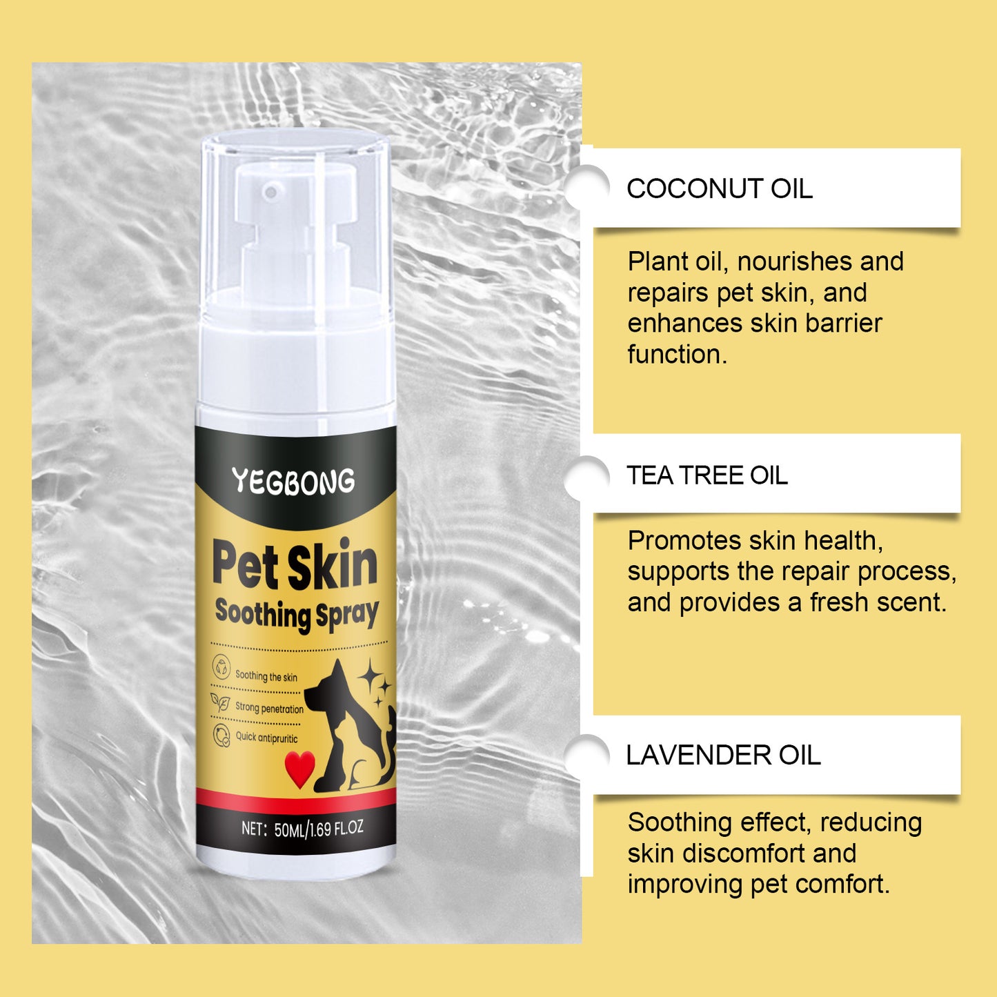 Spray for pet skin care. Relieves discomfort in dogs and cats.