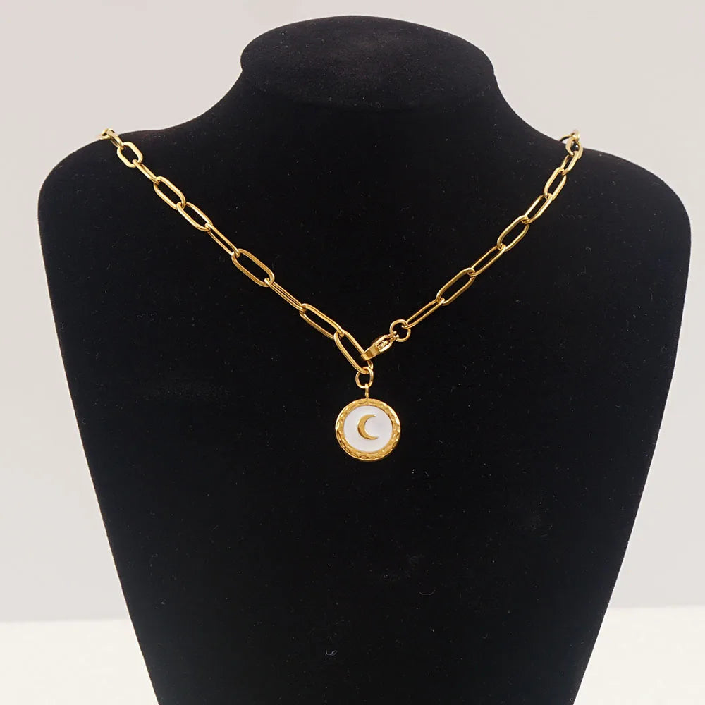 Stainless Steel Moon Necklace For Women Gold Color Metal Crescent Coin Medal Choker Collar Collier Femme
