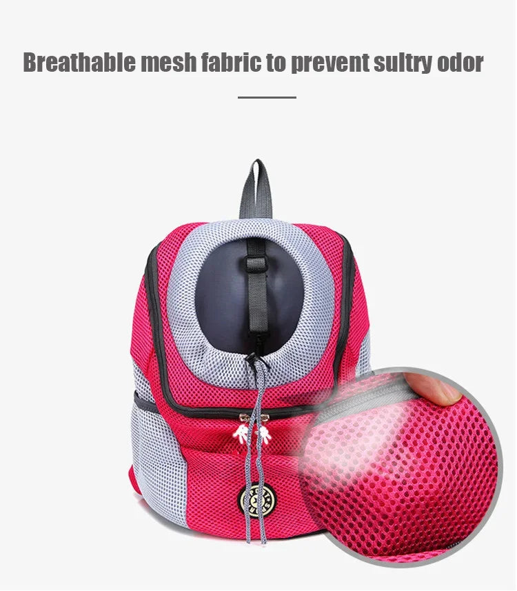 Portable travel backpack with double handles for pets.
