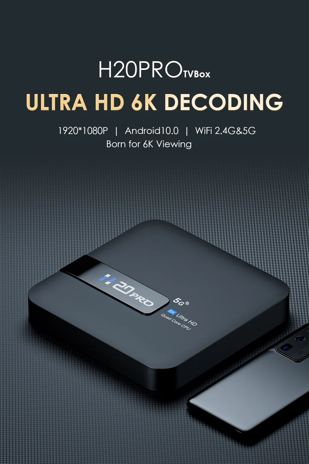 H20PRO Android 10 TV BOX 4k HD Dual Wifi Quad Core 1080P Video.