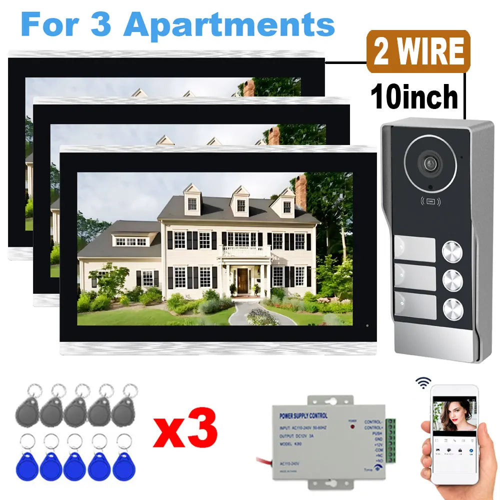 TUYA 5G WIFI 2-3-Unit Apartments Intercom Video Doorbell with RFID Card Unlock 2 Wired 10inch LCD Video Door Phone System