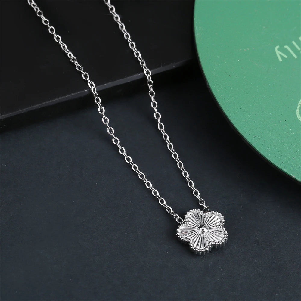 Shining Plum Blossom Plant Five Leaf Plant Single Flower Jewellery Bracelet Necklace Earrings Set Ladies Stainless Steel Clover