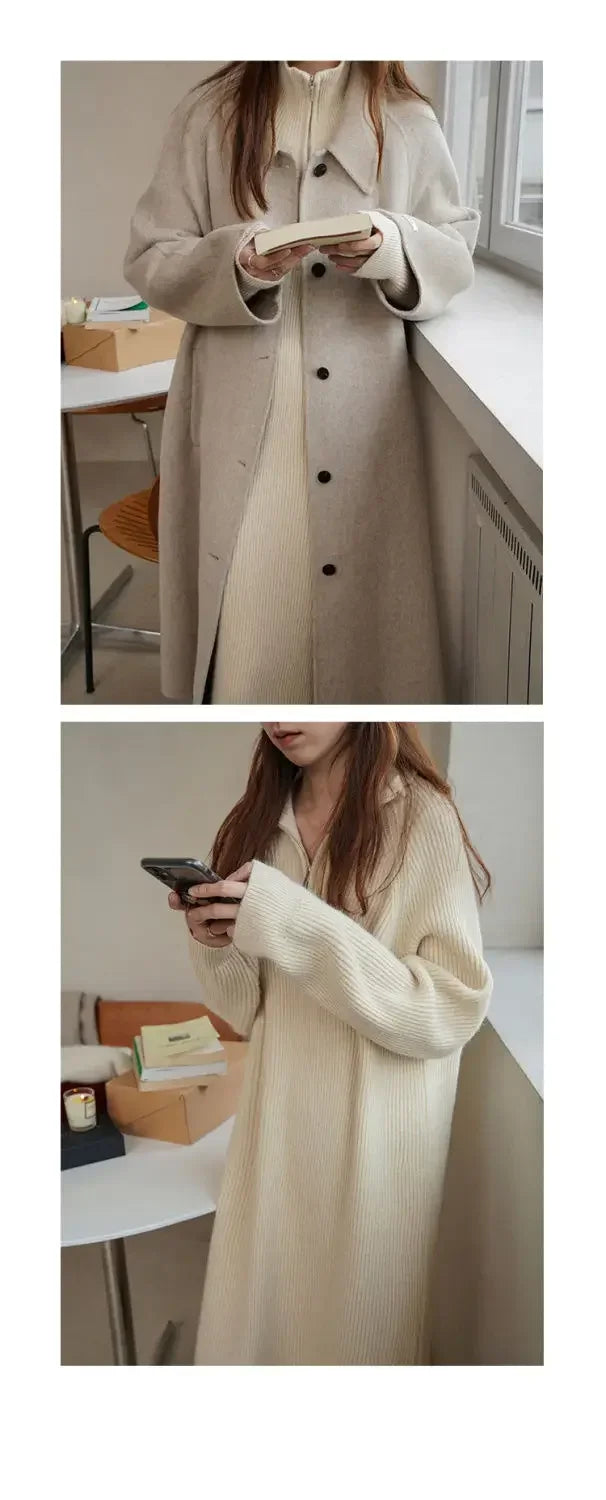 Loose-fitting knit dress above the knee.