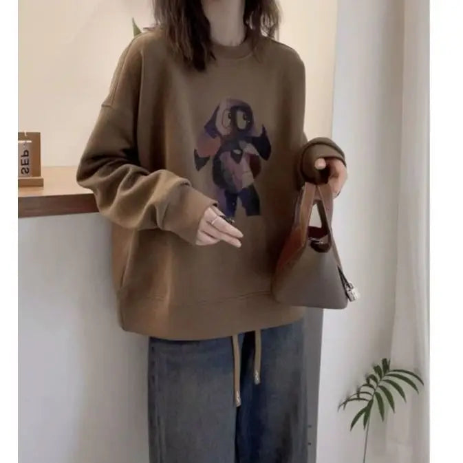 Plus Size Fleece Round Neck Sweatshirt Loose Casual Pullover Malat Brown Top