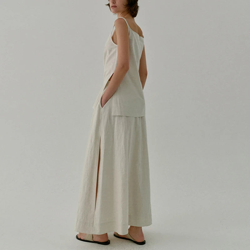 Chic Side Split Vintage Linen Skirt Women's Solid Color.