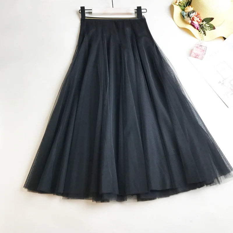 Summer Mesh Women Pleated Skirt Solid High Waist A Line.