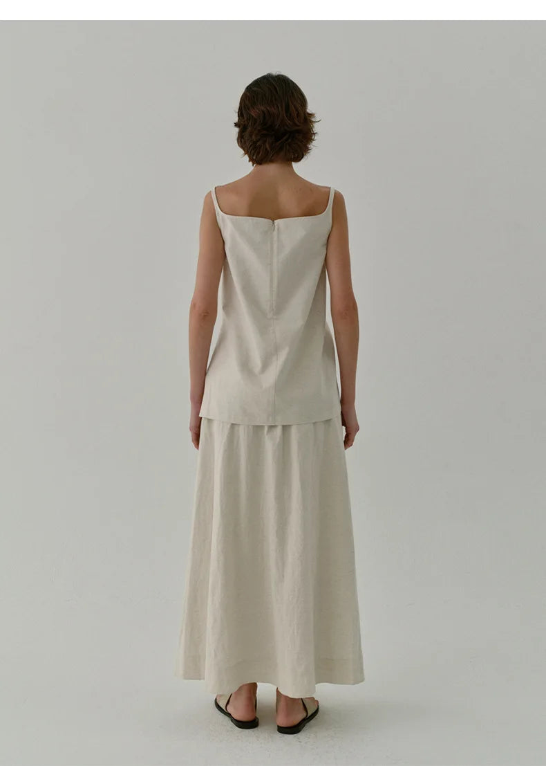 Chic Side Split Vintage Linen Skirt Women's Solid Color.