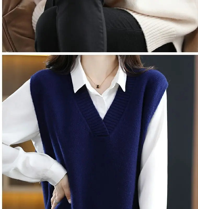 Navy blue plus size vest, medium to long length, in knit fabric.